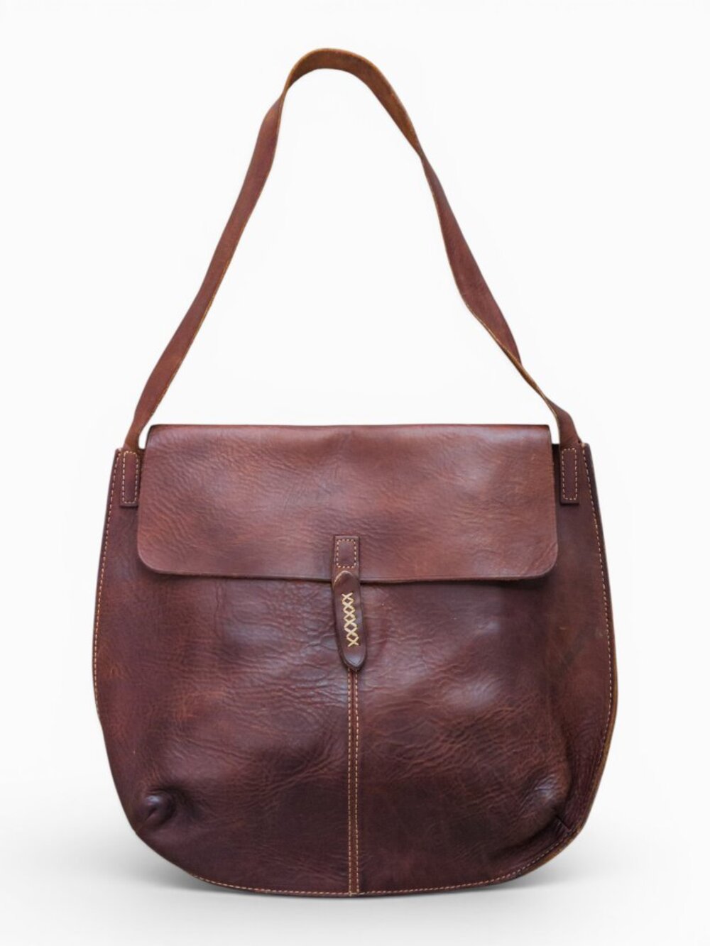 Bob Timberlake USA Brown Leather Shoulder Bag, Whipstitched Flap